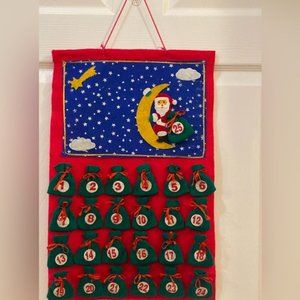 Vintage handmade felt colourful Santa Christmas Calendar 21X13"